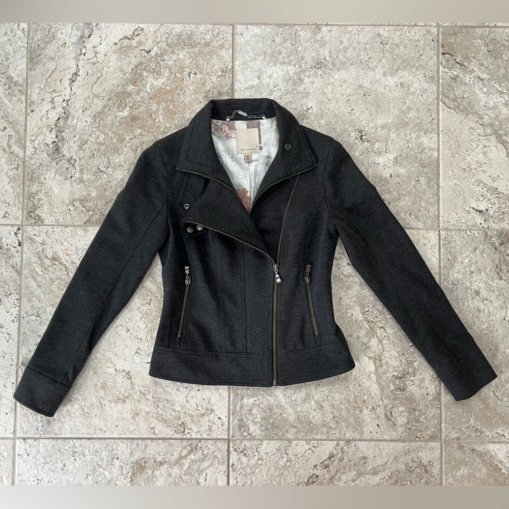 Ted Baker Double Zipper Moto Jacket in Dark Charcoal Grey, size 2 - Picture 12 of 12